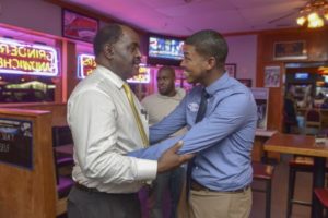 Springfield City Councilors Bud and Marcus Williams celebrate Marcus Williams' victory in November.