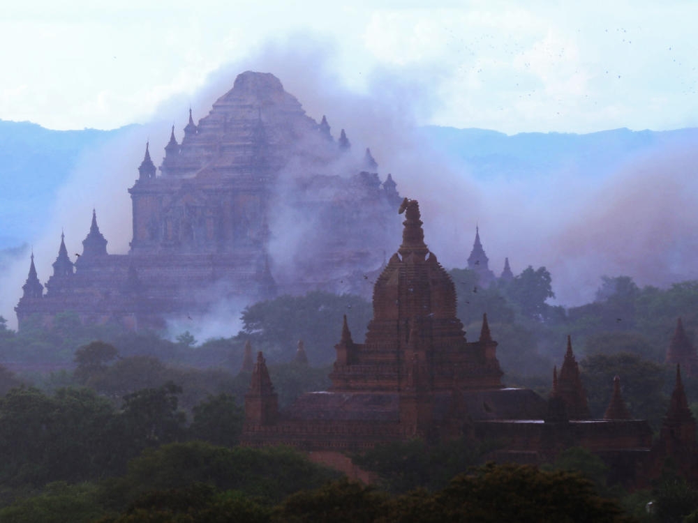 The ancient Sulamuni temple is surrounded by a cloud of dust as a magnitude 6.8 earthquake hit Bagan, Myanmar, on Wednesday.