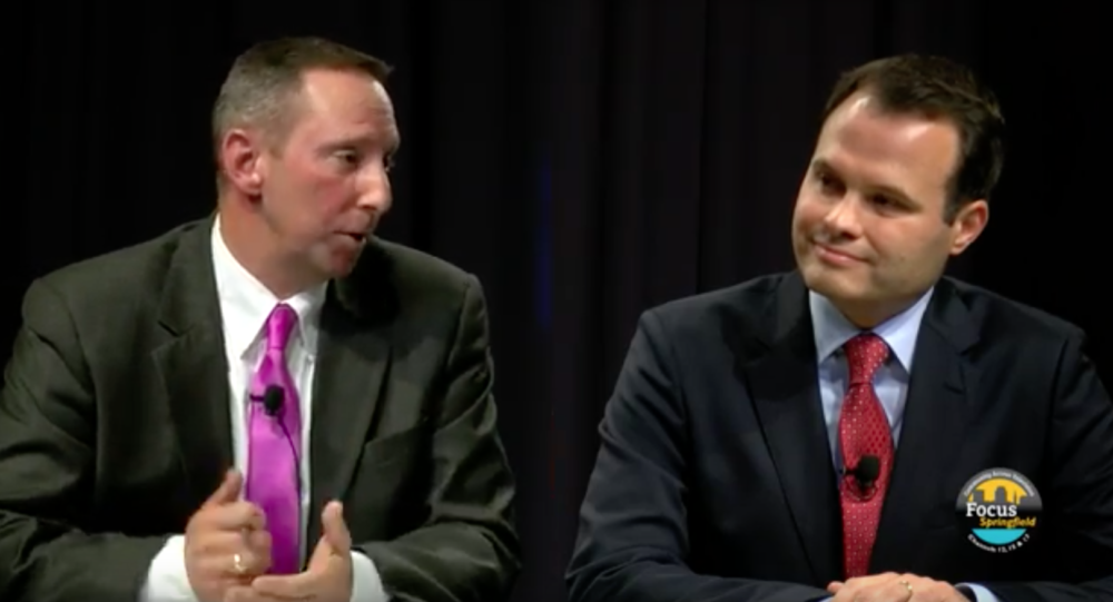Republican Chip Harrington and Democrat Eric Lesser at a Focus Springfield TV debate. Both are running for the First Hampden and Hampshire County State Senate seat. 