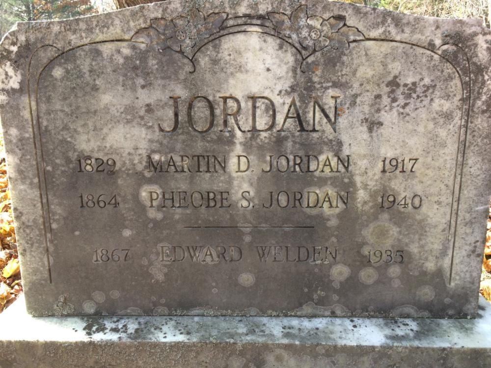 hoebe Jordan died in 1940. Her resting place is underneath a large maple tree on the edge of the cemetery over the hill, not far from her farm and the school house where she famously voted. According to an article from The North Adams Transcript (North Adams, Massachusetts) · Mon, Jul 15, 1935, Edward Welden, whose name is listed below Jordan's on her headstone, drowned after haying all day and then going for a swim. According to the newspaper article, Welden was the foreman for the charcoal works on Phoebe Jordan's 400 acre farm.